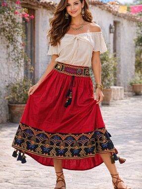 Handmade Kutchi Embroidered Mirror Skirt Boho Gypsy Tribal Red Midi Tassel Hem